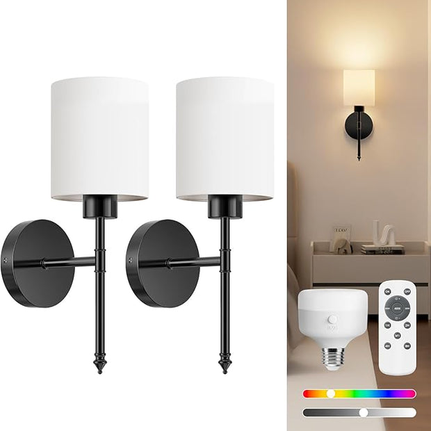 NIORSUN 15 inch Battery Operated Wall Sconce Set of 2, Black Wireless Rechargeable Wall Lights with 5200mAh Dimmable Detachable Bulbs and Remote, 9 Colors Sconces Wall Decor for Bedroom Living Room