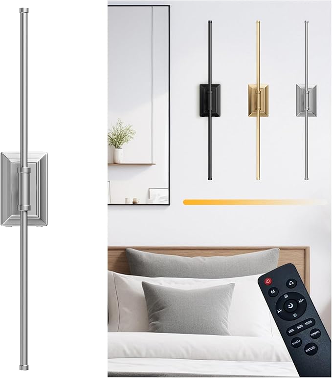 Battery Operated Wireless Wall Sconce - Modern Rechargeable Led Sconces in Black Gold Silver - Bedroom Decor Stick On Lights Set of 1 - Long Indoor Living Room Bathroom Remote Wall Light