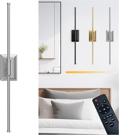 Battery Operated Wireless Wall Sconce - Modern Rechargeable Led Sconces in Black Gold Silver - Bedroom Decor Stick On Lights Set of 1 - Long Indoor Living Room Bathroom Remote Wall Light