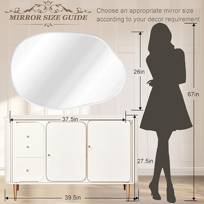Large Asymmetrical Wall Mirror Aluminum Alloy Frame Irregular Bathroom Mirrors Brushed Metal Vanity Wall Mounted Mirror for LivingRoom Bedroom Entryway Room Home Decor White 26"x37.5"