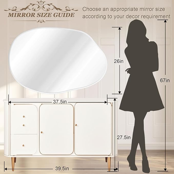 Large Asymmetrical Wall Mirror Aluminum Alloy Frame Irregular Bathroom Mirrors Brushed Metal Vanity Wall Mounted Mirror for LivingRoom Bedroom Entryway Room Home Decor White 26
