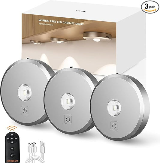 Puck Lights Cordless with Remote Control, 2200mAh Rechargeable Under Counter Lighting,3 Color Temperatures Dimmable Under Cabinet,Closet Light,Tap Light for Hallway (Silver, 3PCS)