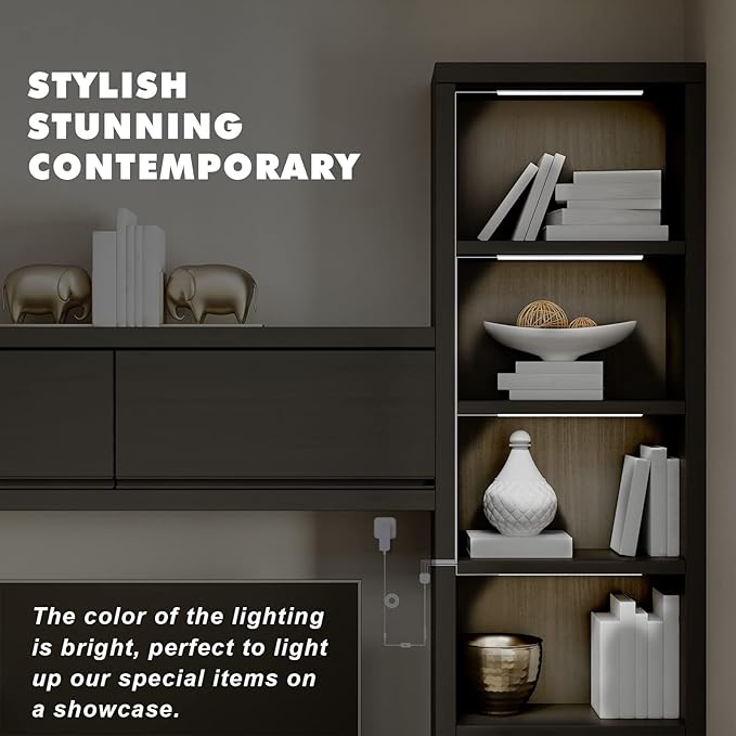 JUSJUBR Display Cabinet Lights, LED Shelf Lighting with Memory Function, 4x12 Inch Black Display Case LED Lighting, LED Lights for Display Case, Cold White 6000K, Ultra-Thin, Dimmable