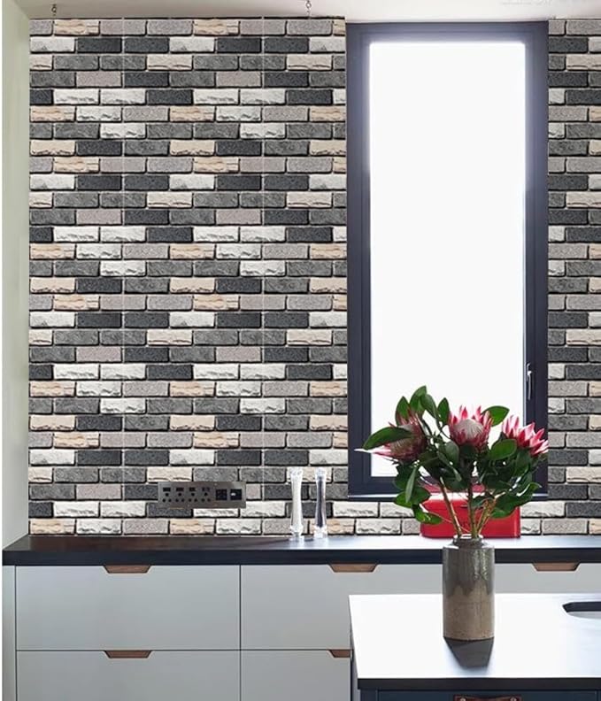 Yancorp 32.8ft Peel and Stick Wallpaper Dark Grey Stone Brick Wallpaper Self-Adhesive Backsplash Decorative Wallpaper Wall Covering…