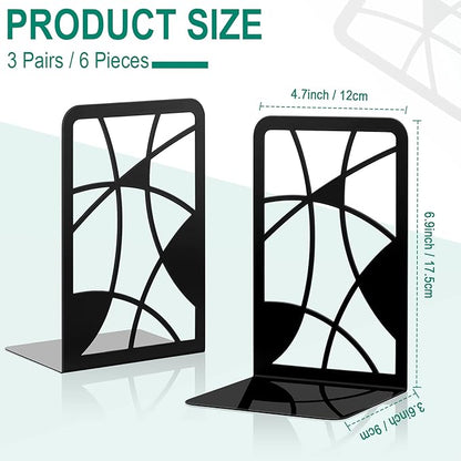 Zonon 6 Pcs Heavy Duty Bookends Decorative Black Metal Bookends for Shelves Book Divider Geometrical Holder Art Design Book Stopper for Home Office School