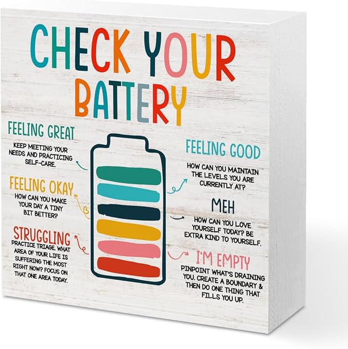 Mental Health Gifts for Counselor Therapist, Check Your Battery Wooden Box Sign Desk Decor for Therapy Office Counselor Room Shelf Cubicle Decor, Colorful Wooden Box Decorative Signs