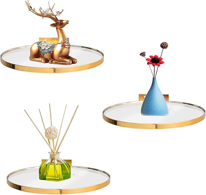 Cityelf Floating Shelves Wall Mounted Wall Decor Iron Glass Hanging Shelf Home Decor Set of 3 Display Ledge Shelves for Living Room Bedroom Office-Gold-S