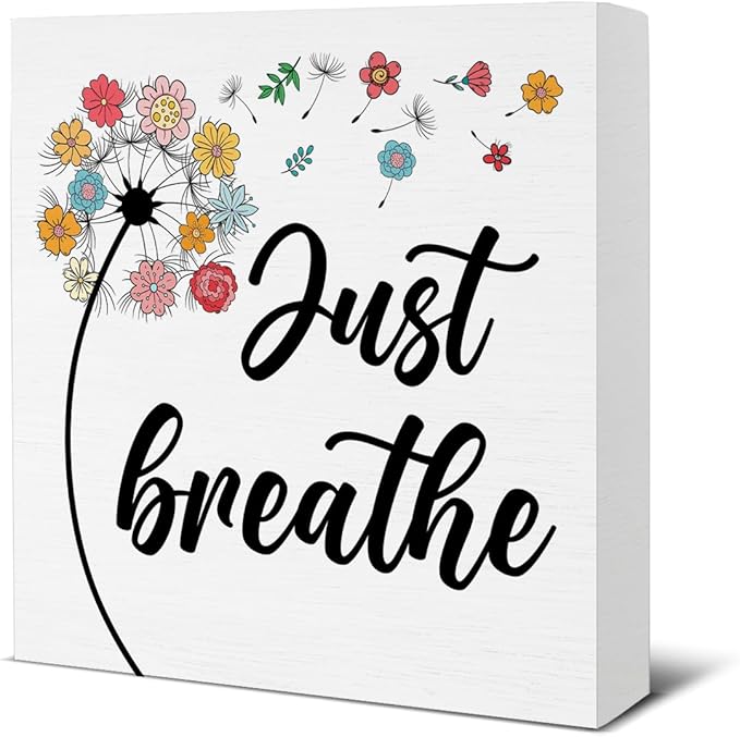 Inspirational Desk Decor - Spring Decorations for Home - Just Breathe Dandelion Wood Sign Home Office Desk Shelf Table Tabletop Decor 5×5 Inches