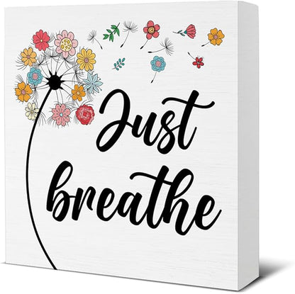 Inspirational Desk Decor - Spring Decorations for Home - Just Breathe Dandelion Wood Sign Home Office Desk Shelf Table Tabletop Decor 5×5 Inches