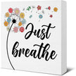 Inspirational Desk Decor - Spring Decorations for Home - Just Breathe Dandelion Wood Sign Home Office Desk Shelf Table Tabletop Decor 5×5 Inches