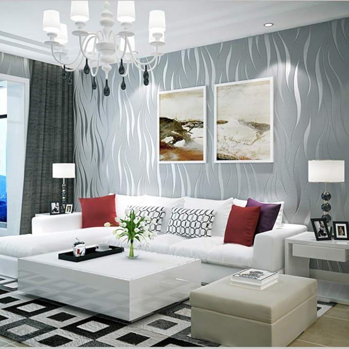 Simple Fashionable Non-woven Wallpaper 3D Embossed Three-dimensional Flocking Foaming Wave Stripes Bedroom Living Room TV Background Wall Shop Decoration20.87"Wx393.7"L Non-Pasted (Silver gray)
