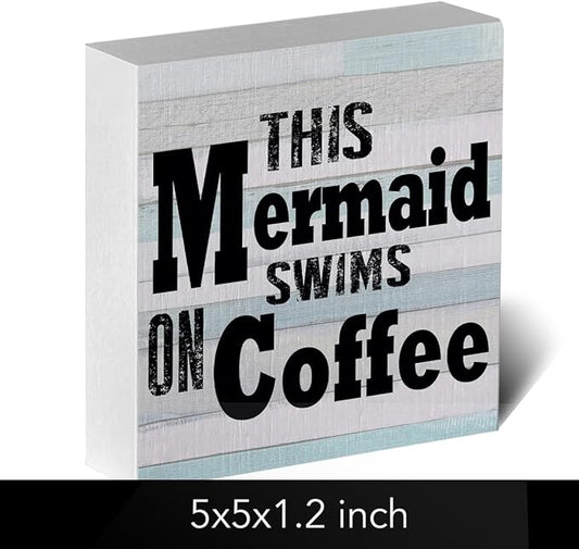 Mermaid Decor Beach Decorations for Home Rustic Kitchen Mermaid Bathroom Beach Theme Wooden Box Sign for Home Sea Desk Coffee Bar Shelf Centerpieces Table
