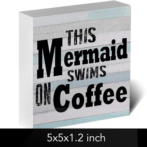 Mermaid Decor Beach Decorations for Home Rustic Kitchen Mermaid Bathroom Beach Theme Wooden Box Sign for Home Sea Desk Coffee Bar Shelf Centerpieces Table