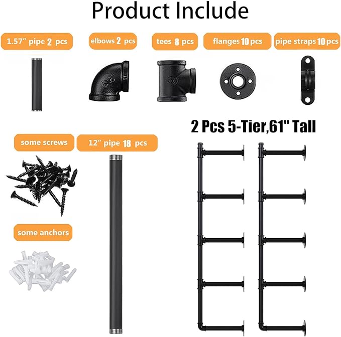 Industrial Pipe Shelf Brackets Wall Mount,Open Black Pipe Shelving for Kitchen,Floating Shelf Brackets Mount,Open Bookshelf Brackets for Shelves,Wall Shelves 12 Inch Deep(2PcsX5Tier,61