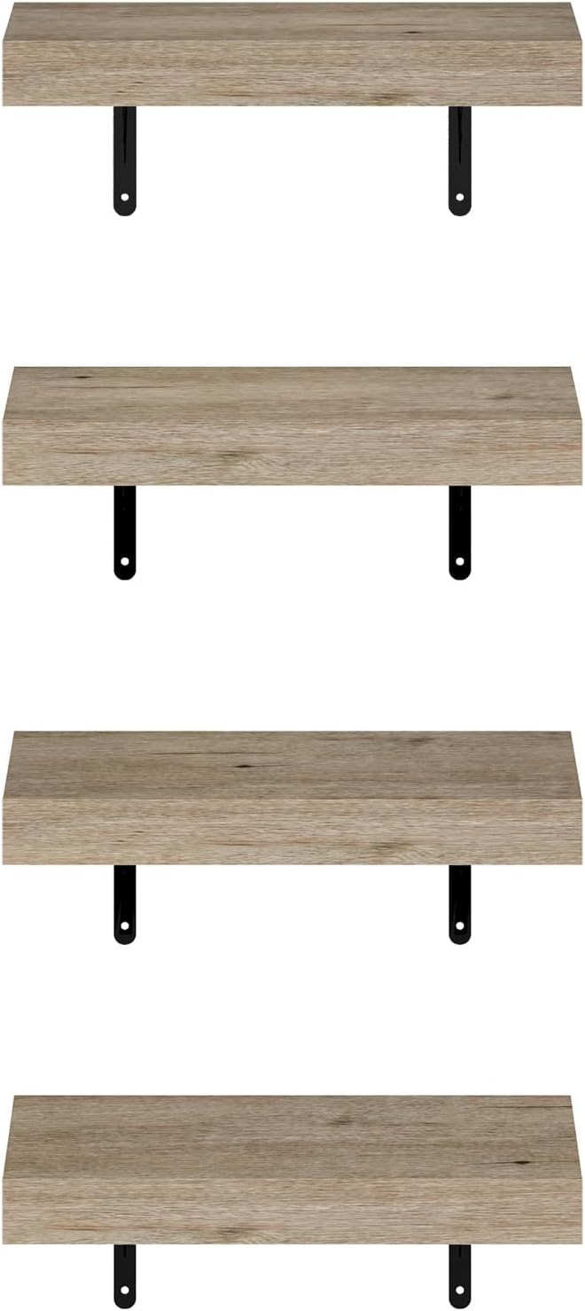 Furinno Tanna Floating Shelves for Wall Set of 4, 15-Inch Wall Shelf, Triple Thick Floating Mounted Shelf, for Bathroom, Home Office, Living Room, Natural