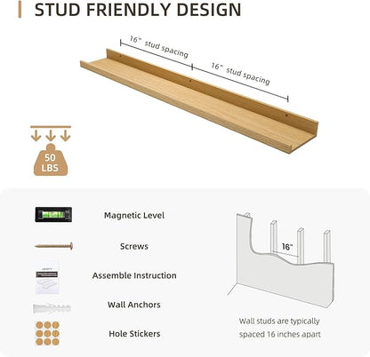 Picture Ledge Shelf, Wood Floating Shelves Set of 2, 36 inch Picture Ledge Shelves, Photo Ledge Nursery Book Shelves Wall Mounted for Living Room Kids' Room Bedroom, Color Oak