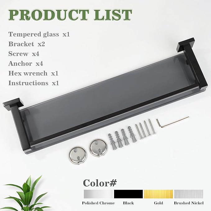 Alise Bathroom Shelf Wall Mounted, Matte Black Large Capacity Glass Shelf for Bathroom, 24 inch