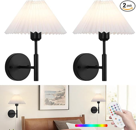 Battery Operated Wall sconces Set of Two,Rechargeable Wall Lights with Remote Control,Wireless Wall Sconce Dimmable,15 Color Changing,Black Battery Wall Lamp for Bedroom Living Room Hallway