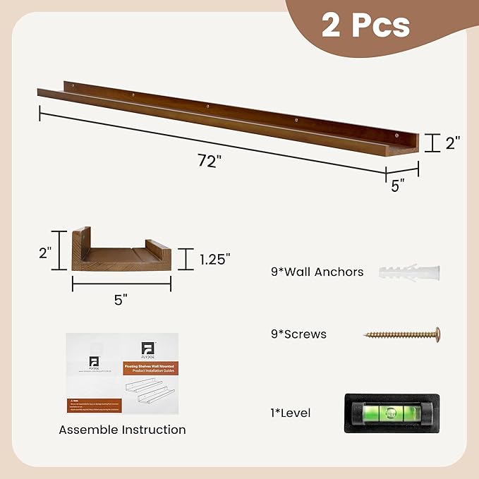 Picture Ledge Shelf, Floating Shelves Set of 2, Solid Ash Wood 72'' Long Large Nursery Book Shelves for Toys Storage, Kids Bookshelf for Living Room Bedroom Decor Books Photo Frames, Walnut