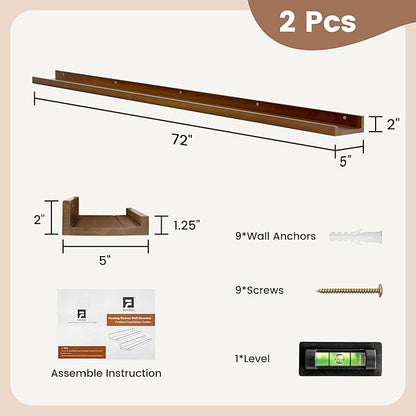 Picture Ledge Shelf, Floating Shelves Set of 2, Solid Ash Wood 72'' Long Large Nursery Book Shelves for Toys Storage, Kids Bookshelf for Living Room Bedroom Decor Books Photo Frames, Walnut