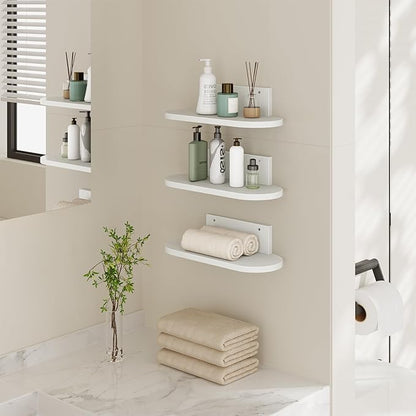 Wooden Floating Shelves for Wall, Floating Shelf for Bedroom Kitchen Decor, Wall Mounted Rustic Farmhouse Wood Shelf for Books, Plants, Set of 3(White, S (Round))