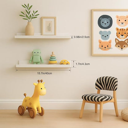 16inch Floating Picture Ledge Shelves 2-Pack, White Wall Mounted Shelves with Lip for Nursery, Kids Room, Living Room & Bedroom, Sturdy Floating Book Shelves for Photo Frames & Decor