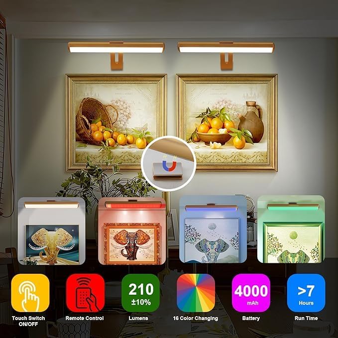 Picture Light Battery Operated, Picture Lights for Wall, Wireless Picture Light with Remote for Paintings, 48 LED, 16 Color Changing, Dartboard Light with 2 Base for Art, Gold-2Pack