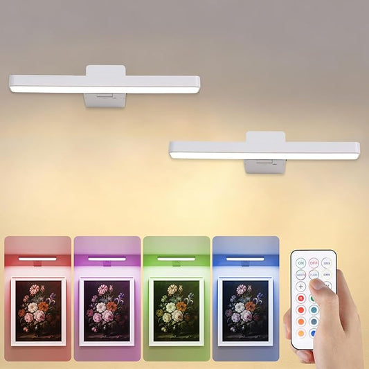 Picture Lights for Wall Battery Operated White Wireless Art Light for Paintings, Rechargeable Display Lighting for Picture with Remote Control, RGB Poster Lights for Gallery, Frame, Portraits, 2 Pack