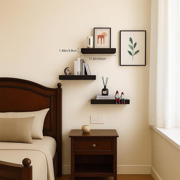 Floating Shelves for Wall, Bathroom Shelves Over Toilet, Wall Shelves & Book Shelf for Room, Hanging Shelf, Modern Wooden Wall-Mounted Small Floating Shelves, 12x7x1.5 in (Black, Set of 3)