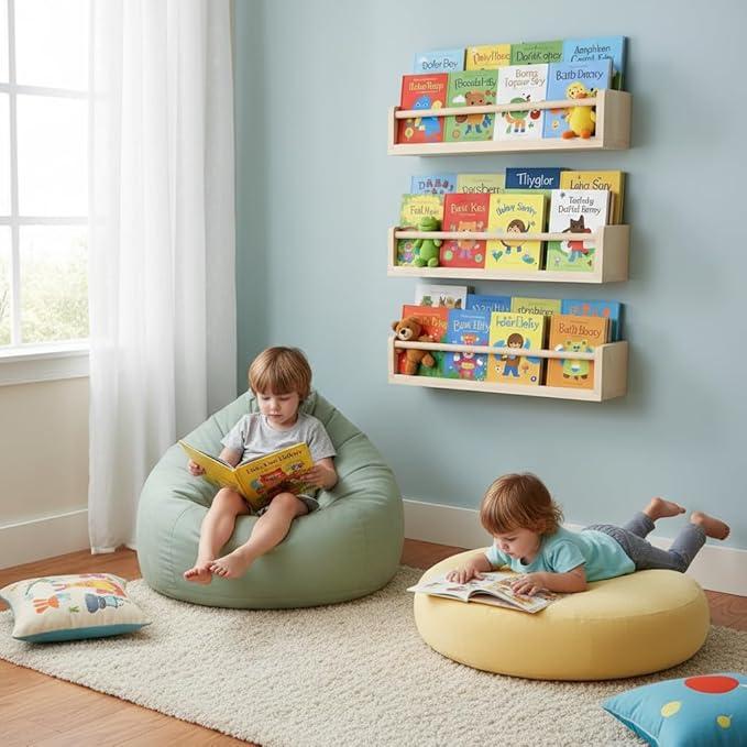 Natural Wood Nursery Floating Shelves Set of 3– Wall Mounted Kids Bookshelf & Toy Organizer – 16 Inch Rustic Pine Hanging Display Book Shelves for Bedroom, Playroom, and Baby Decor