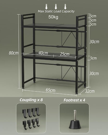NETEL Expandable Microwave Stand,3 Tier Metal Kitchen Countertop Organizer Shelves with 8 Hooks,Bakers Rack,Microwave Shelf,Microwave Oven Rack,110lbs Weight Capacity