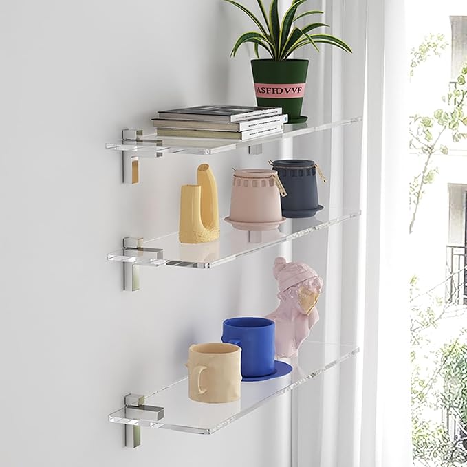Clear Acrylic Shelf, Set of 2 Invisible Wall Shelves Wall Mounted Display Shelf, Floating Shelves for Bathroom, Bedroom, Living Room, Kitchen, Office (13.8 Inch Set of 4)