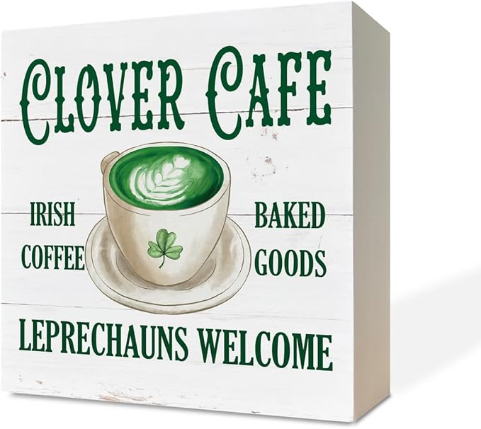 St. Patrick's Day Decor, Wooden Box Sign Desk Decor, White Wood Box Sign, Irish Home Decor, Kitchen Decor for Shelf, Farmhouse Wood Sign, Decor for Cafe Coffee Station, Clover Cafe Irish Coffee Sign