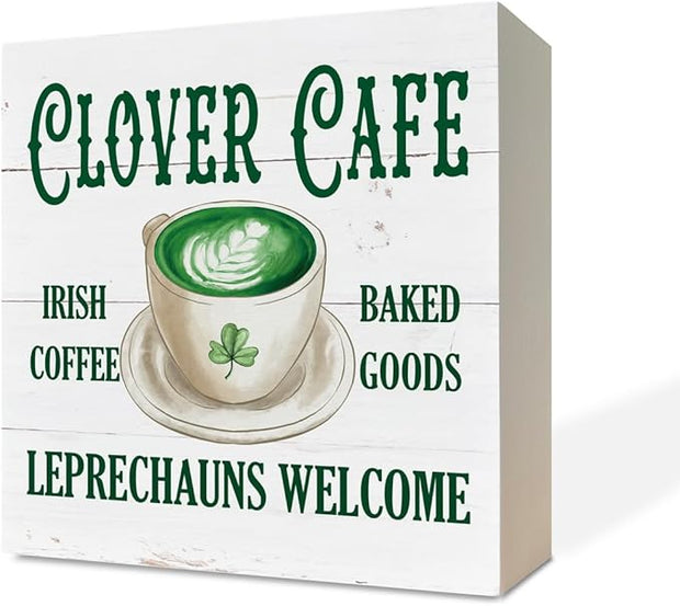 St. Patrick's Day Decor, Wooden Box Sign Desk Decor, White Wood Box Sign, Irish Home Decor, Kitchen Decor for Shelf, Farmhouse Wood Sign, Decor for Cafe Coffee Station, Clover Cafe Irish Coffee Sign