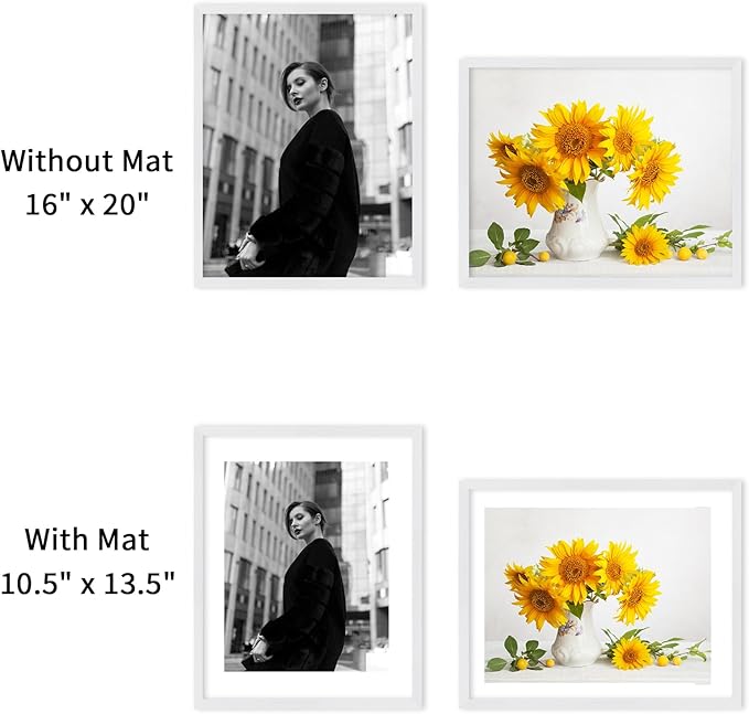 puthiac 16x20 Solid Oak Wood Picture Frame, Fits 12x16 with Mat or 16x20 Without Mat, Wall Display Only, Vertical or Horizontal, Plexi Front, 3 Pack, White
