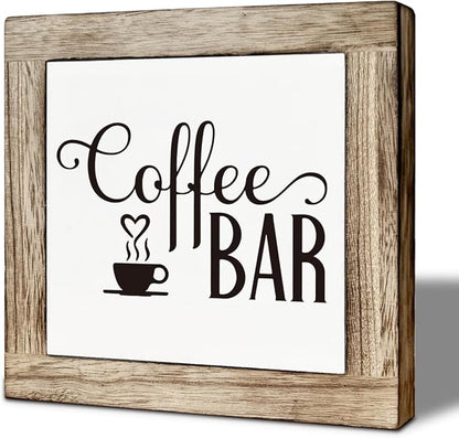 Coffee Bar Decor, Rustic Coffee Bar Wooden Box Signs, Rustic Wood Signs for Kitchen Cafe Bars, Square Wood Block Sign Table Decor, Freestanding Home Decoration 5.9×5.9 inch