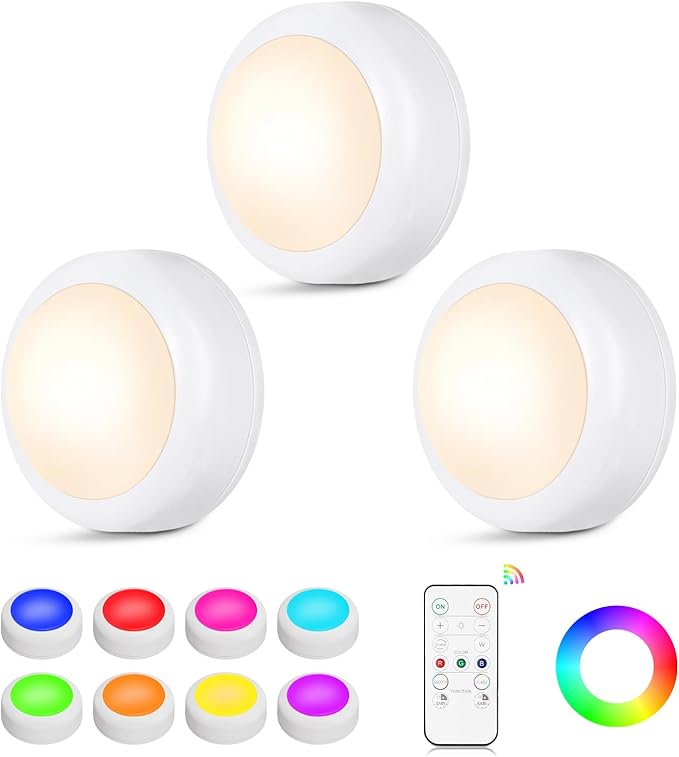 LED Puck Lights with Remote Control, 16 Color Changing Under Cabinet Lighting with Dimmer & Timer, AAA Battery Operated,Under for Closet Bedroom Kitchen, Stair (3 Pack White)