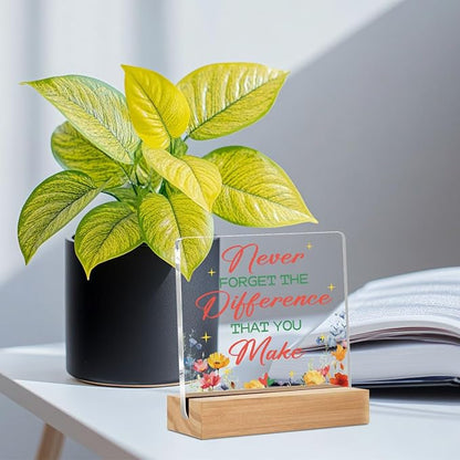 Difference maker Gifts Acrylic Sign with Wood Stand, Thank You Gifts for Women Boss Coworkers Bedroom Office Living Room Desk Cubicle Table Shelf Decor, Farewell Retirement Gift for Women Coworker
