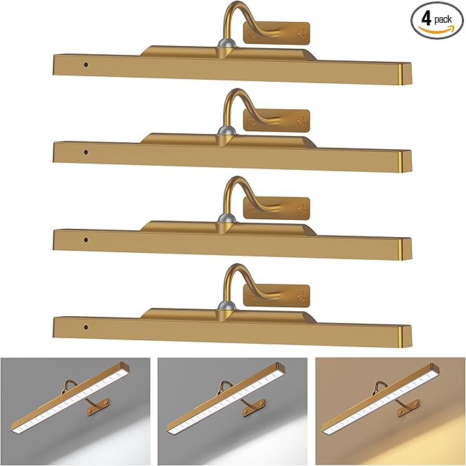4 Pack Brass Picture Lights for Wall Art, 5000mAh Cordless Gallery Lighting Battery Operated Rechargeable, 3 Color Temps with Remote Control Wall Light for Picture Frame Artworking Portrait