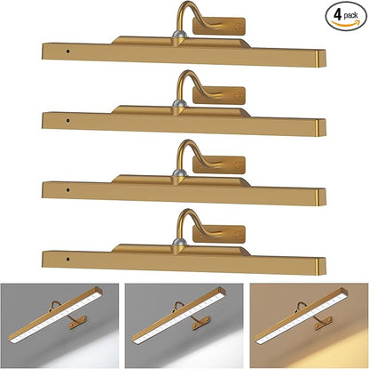 4 Pack Brass Picture Lights for Wall Art, 5000mAh Cordless Gallery Lighting Battery Operated Rechargeable, 3 Color Temps with Remote Control Wall Light for Picture Frame Artworking Portrait