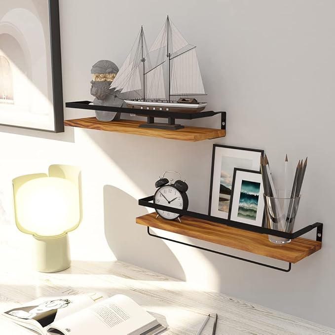 Floating Shelves for Wall, Bathroom Shelves with Towel Bar, Wall Mounted Storage Shelves for Kitchen, Bathroom, Set of 2 Carbonized Black
