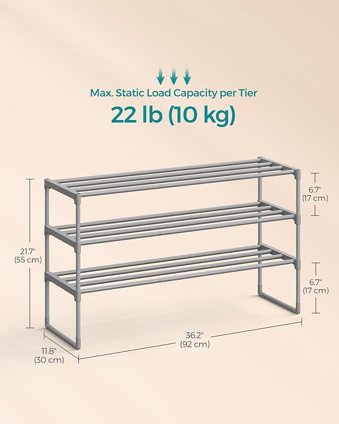 SONGMICS Shoe Rack, 3-Tier Shoe Organizer, Metal Storage Shelf, Upright or Upside Down, for 16-20 Pairs, Stackable, for Entryway, 11.8 x 36.2 x 21.7 Inches, Gray ULSA303G01