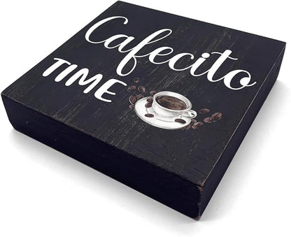 HTBIG Wooden Decorative Box Sign - Rustic Black Coffee Themed Sign - 5.1 x 5.1 x 1.2 inches - Perfect for Home, Office, or Gifting