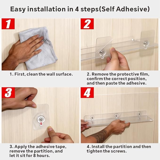 4-Pack Clear Acrylic Floating Shelves with Adhesive & No-Trace Nails - Ultimate No Drill Wall Mounted Display & Storage Organizer for Bathroom, Bedroom, Living Room, Office, 7.87