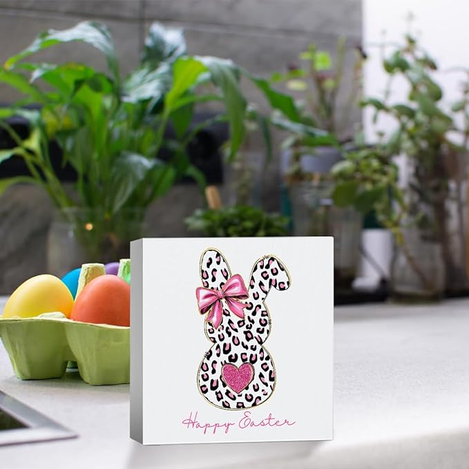 Pink Happy Easter Sign Easter Table Decor Leopard Print Bunny Decor Blue And White Chinoiserie Decor Wooden Box Sign for Home Office Bedroom Living Room Desk Shelves