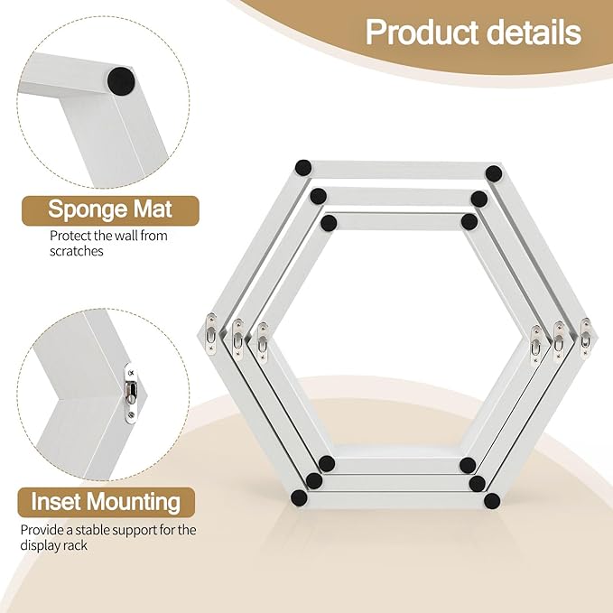 Hexagon Floating Shelves Set of 6 Wood Honeycomb Shelves Wall Mounted Farmhouse Storage Honeycomb Wall Shelf Hexagonal Decor Shelf with Hanging Hardware for Bedroom Living Room Kitchen, White MDF