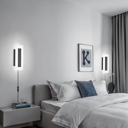LMQNINE Modern Plug in Wall Sconces Set of Two 9W 6000K Acrylic Black Wall Sconce Wall Lighting with 6ft Plug in Cord and On/Off Switch for Bedroom Living Room Hallway Staircase Corridor