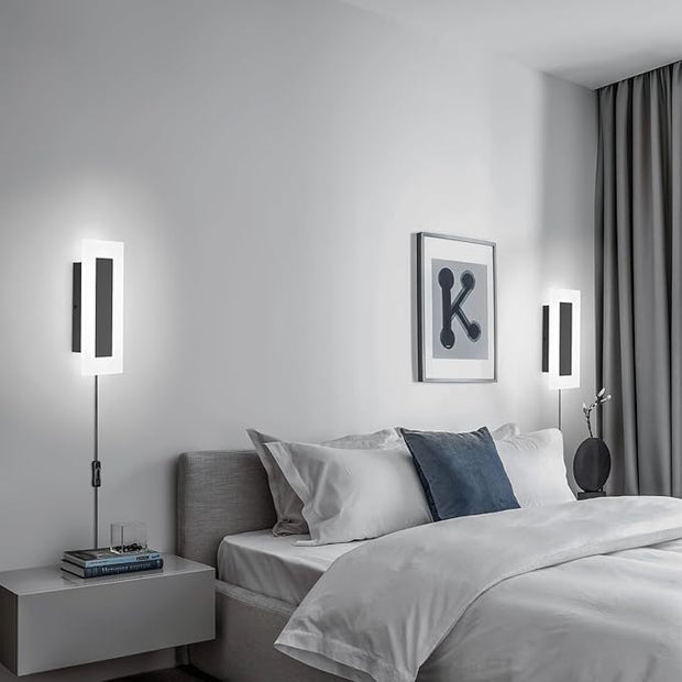 LMQNINE Modern Plug in Wall Sconces Set of Two 9W 6000K Acrylic Black Wall Sconce Wall Lighting with 6ft Plug in Cord and On/Off Switch for Bedroom Living Room Hallway Staircase Corridor
