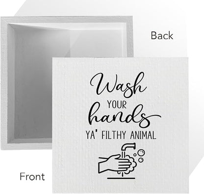 Funny Rustic Bathroom Decor Wooden Box Sign 5x5 Inch - "WASH YOUR HANDS YA' FILTHY ANIMAL" Humorous Restroom Shelf Table Decoration for Home