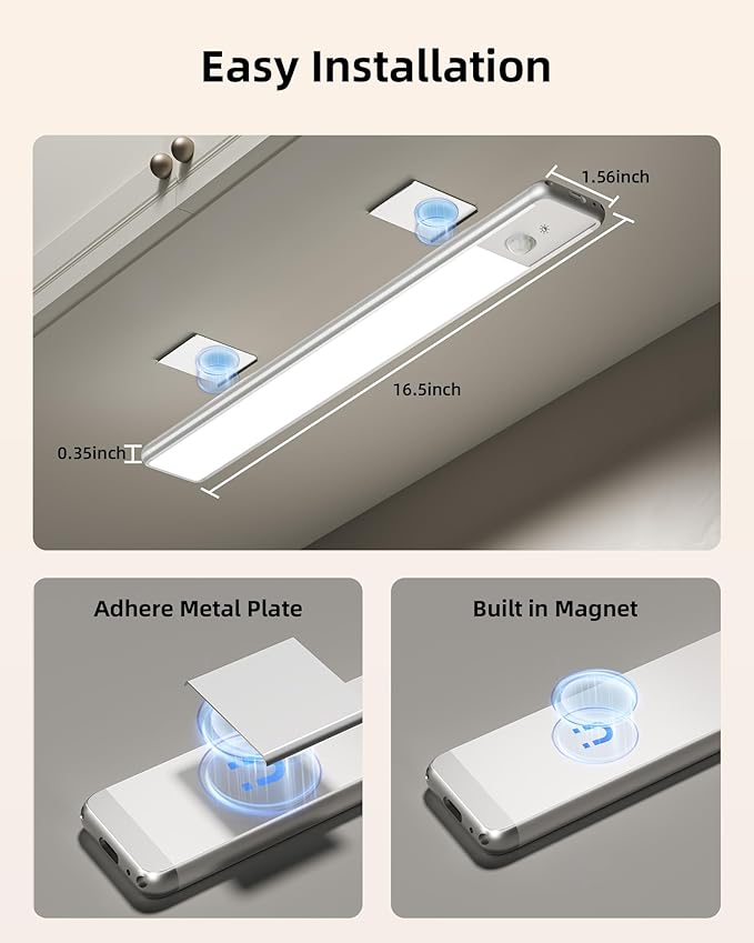 EZVALO 16.5-inch Under Cabinet Lighting, 3 Color Temperatures, 4000mAh Rechargeable Motion Sensor Light Indoor, LED Magnetic Lights with Dimmable for Kitchen, Stairs, Pantry, Closet